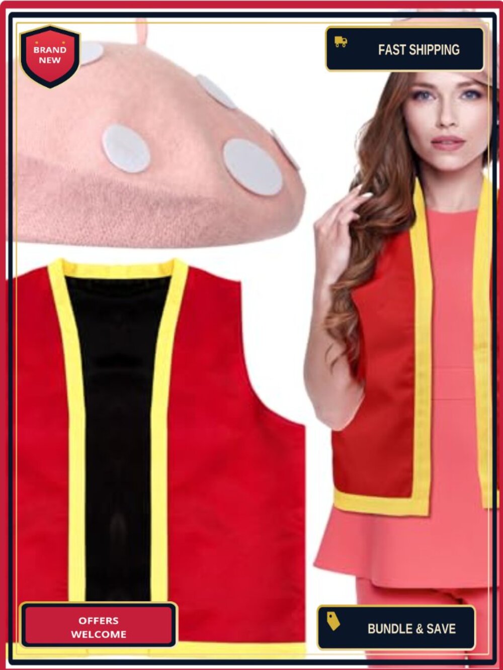 2 Pc Adult Mushroom Costume Set Spotted Hat Vest Cosplay Halloween Easter